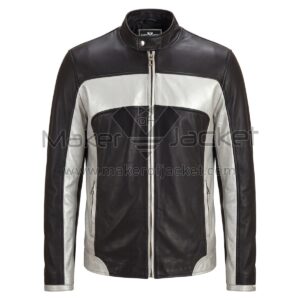 ont view of Black Silver Panel Cafe Racer Leather Jacket featuring a color block design, a band collar with a snap button, full-front zipper, and side zip pockets with Maker Of Jacket brand label.