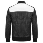 front view of Black White Quilted Bomber Leather Jacket featuring a prominent white center panel, diamond-quilted side panels, a full front zipper, and ribbed cuffs with Maker Of Jacket brand label.