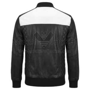 front view of Black White Quilted Bomber Leather Jacket featuring a prominent white center panel, diamond-quilted side panels, a full front zipper, and ribbed cuffs with Maker Of Jacket brand label.
