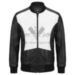 back view of Black White Quilted Bomber Leather Jacket featuring white upper yoke panel, diamond-quilted sides, and black ribbed knit collar, cuffs, and hem.