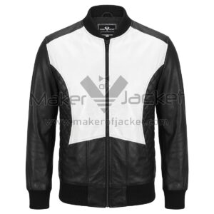 back view of Black White Quilted Bomber Leather Jacket featuring white upper yoke panel, diamond-quilted sides, and black ribbed knit collar, cuffs, and hem.