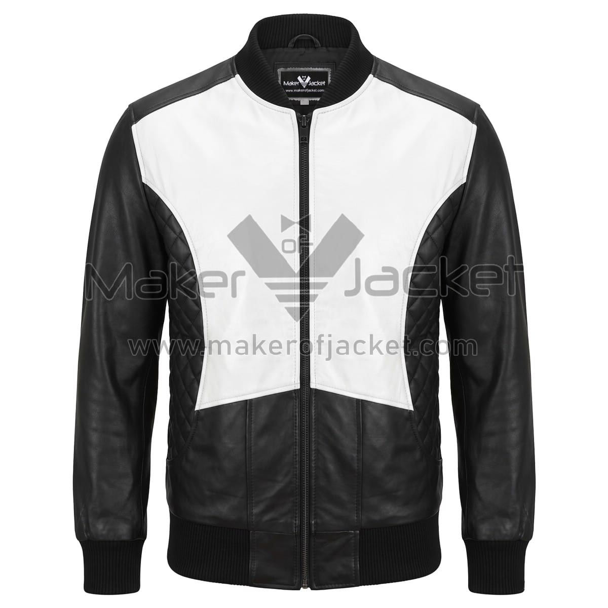 Black White Quilted Bomber Leather Jacket Front back view of Black White Quilted Bomber Leather Jacket featuring white upper yoke panel, diamond-quilted sides, and black ribbed knit collar, cuffs, and hem.