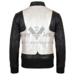 back view of Black White Quilted Bomber Leather Jacket featuring a white center panel, black sleeves, a band collar, and ribbed knit hem and cuffs.