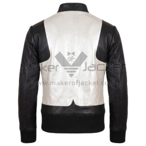 back view of Black White Quilted Bomber Leather Jacket featuring a white center panel, black sleeves, a band collar, and ribbed knit hem and cuffs.