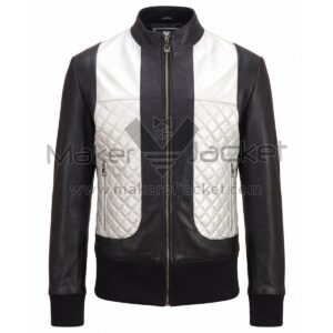 front view of Black White Quilted Bomber Leather Jacket featuring a band collar, full zipper, diamond quilted white side panels, and black ribbed knit cuffs and hem with Maker Of Jacket brand label.