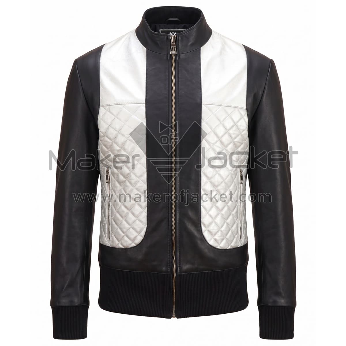 Black White Two Tone Quilted Bomber Leather Jacket Front front view of Black White Quilted Bomber Leather Jacket featuring a band collar, full zipper, diamond quilted white side panels, and black ribbed knit cuffs and hem with Maker Of Jacket brand label.