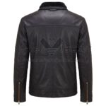 back view of Classic Black Leather Jacket featuring a shoulder yoke, center seam, sleeve zippers, and a visible black shearling collar.