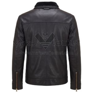 back view of Classic Black Leather Jacket featuring a shoulder yoke, center seam, sleeve zippers, and a visible black shearling collar.