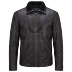 front view of Classic Black Leather Jacket featuring a straight front zipper and a soft black shearling collar with Maker Of Jacket brand label.