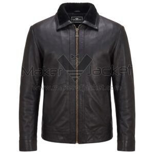 front view of Classic Black Leather Jacket featuring a straight front zipper and a soft black shearling collar with Maker Of Jacket brand label.