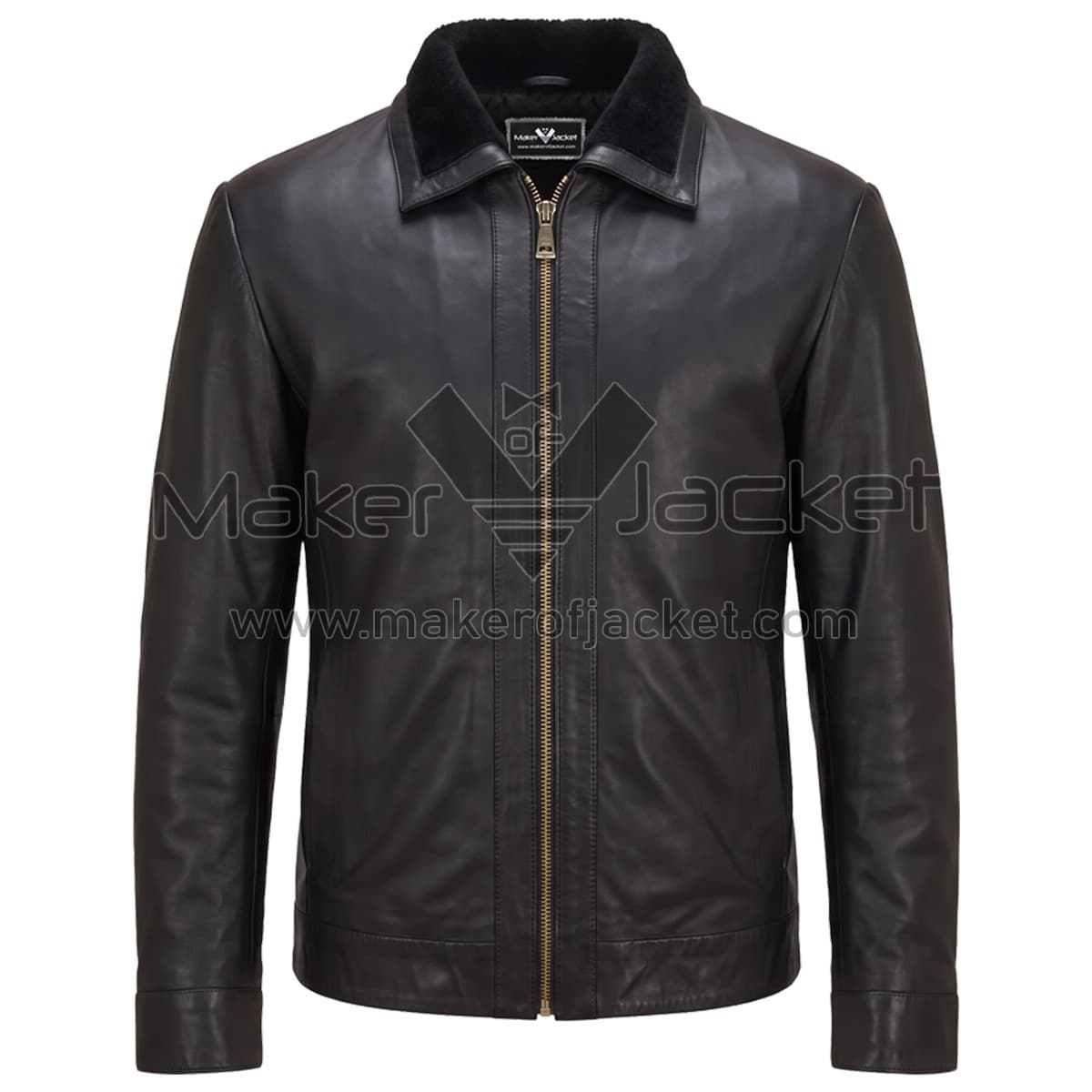 Classic Black Leather Jacket Front front view of Classic Black Leather Jacket featuring a straight front zipper and a soft black shearling collar with Maker Of Jacket brand label.