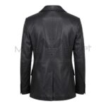 Back view of Classic Black Two Button Leather Blazer featuring a central vertical seam, a single rear vent at the hem, and a structured, tailored fit.