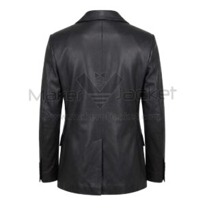 Back view of Classic Black Two Button Leather Blazer featuring a central vertical seam, a single rear vent at the hem, and a structured, tailored fit.