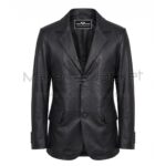 Front view of Classic Black Two Button Leather Blazer featuring a two-button front closure, classic notched lapels, and two front flap pockets with Maker Of Jacket label