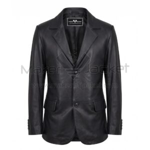 Front view of Classic Black Two Button Leather Blazer featuring a two-button front closure, classic notched lapels, and two front flap pockets with Maker Of Jacket label