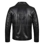 back view of Fight Club Tyler Durden Black Leather Jacket featuring a pointed shoulder yoke, vertical panel seams, and prominent contrast white stitching.