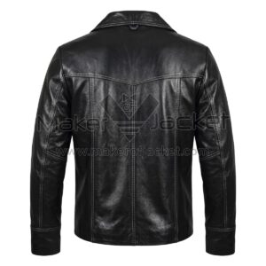 back view of Fight Club Tyler Durden Black Leather Jacket featuring a pointed shoulder yoke, vertical panel seams, and prominent contrast white stitching.