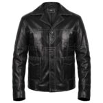 front view of Fight Club Tyler Durden Black Leather Jacket featuring a button-down front, wide collar, contrast white stitching, and two prominent front flap pockets with Maker Of Jacket brand label.