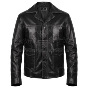 front view of Fight Club Tyler Durden Black Leather Jacket featuring a button-down front, wide collar, contrast white stitching, and two prominent front flap pockets with Maker Of Jacket brand label.