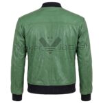 back view of Green Classic Zip Up Bomber Leather Jacket featuring a horizontal shoulder yoke, a vertical center seam, and black ribbed knit collar and hem.