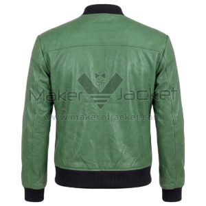 back view of Green Classic Zip Up Bomber Leather Jacket featuring a horizontal shoulder yoke, a vertical center seam, and black ribbed knit collar and hem.