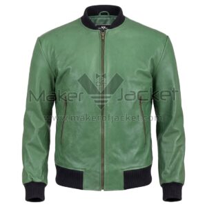 front view of Green Classic Zip Up Bomber Leather Jacket featuring front zipper, two vertical zip pockets, and black ribbed knit collar, cuffs, and hem with Maker Of Jacket brand label.