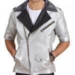 IRTEKA Silver Black Short Sleeves Biker Leather Jacket