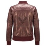 back view of Maroon Classic Bomber Leather Jacket featuring a fitted silhouette, vertical seams, and zippers on the sleeves.