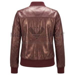 back view of Maroon Classic Bomber Leather Jacket featuring a fitted silhouette, vertical seams, and zippers on the sleeves.