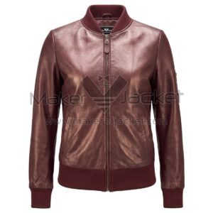 front view of Maroon Classic Bomber Leather Jacket featuring an asymmetrical zipper closure, notched lapels, two zipper pockets, and zipped cuffs with Maker Of Jacket brand label.