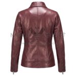 back view of Maroon Double Rider Biker Leather Jacket featuring a fitted silhouette, vertical seams, and zippers on the sleeves.