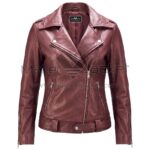 front view of Maroon Double Rider Biker Leather Jacket featuring an asymmetrical zipper closure, notched lapel collar, two zipper pockets, and zipped cuffs with Maker Of Jacket brand label.
