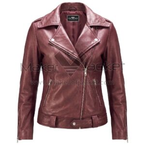 front view of Maroon Double Rider Biker Leather Jacket featuring an asymmetrical zipper closure, notched lapel collar, two zipper pockets, and zipped cuffs with Maker Of Jacket brand label.
