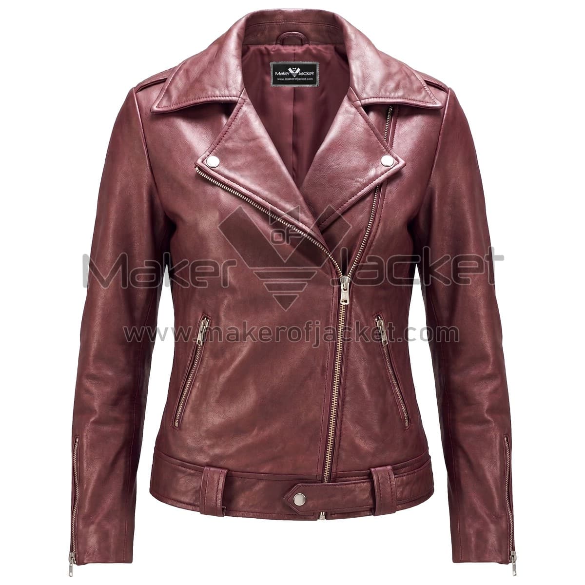 Maroon Double Rider Biker Leather Jacket Front front view of Maroon Double Rider Biker Leather Jacket featuring an asymmetrical zipper closure, notched lapel collar, two zipper pockets, and zipped cuffs with Maker Of Jacket brand label.