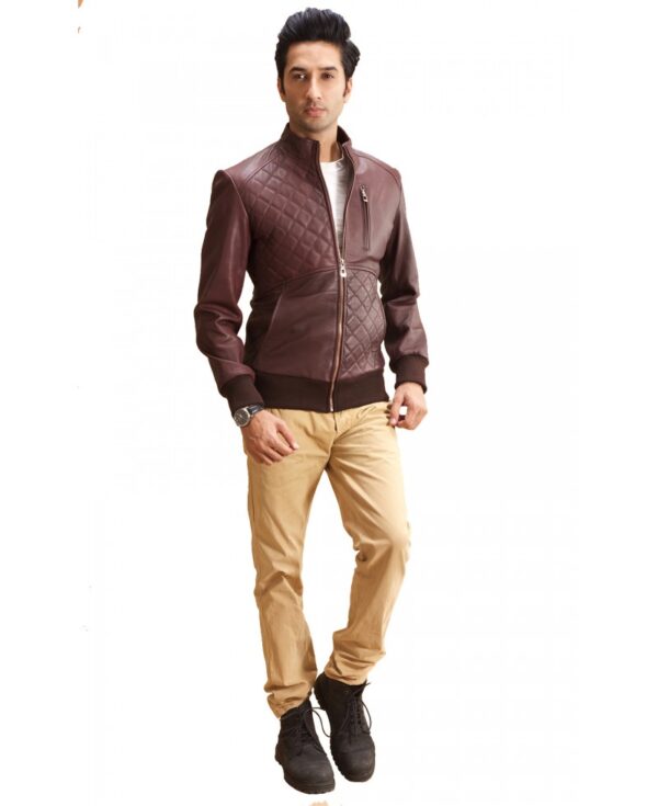 Maroon Quilt Paneled Leather Bomber Jacket - Image 2