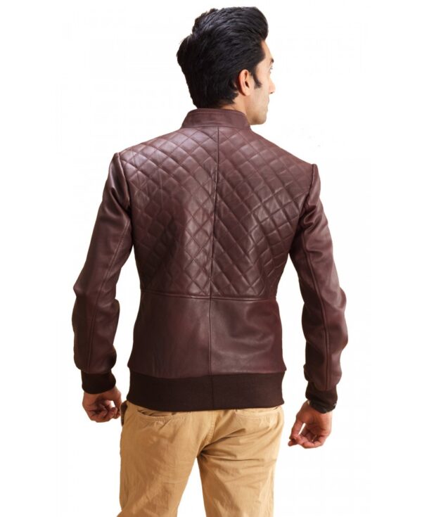 Maroon Quilt Paneled Leather Bomber Jacket - Image 3
