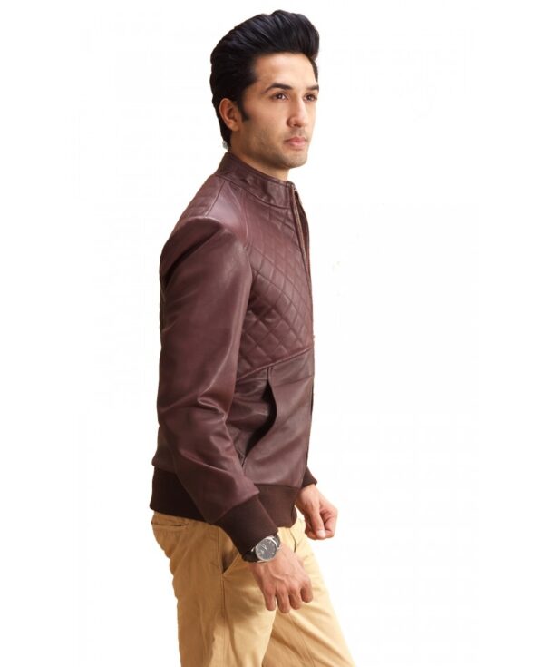 Maroon Quilt Paneled Leather Bomber Jacket - Image 4