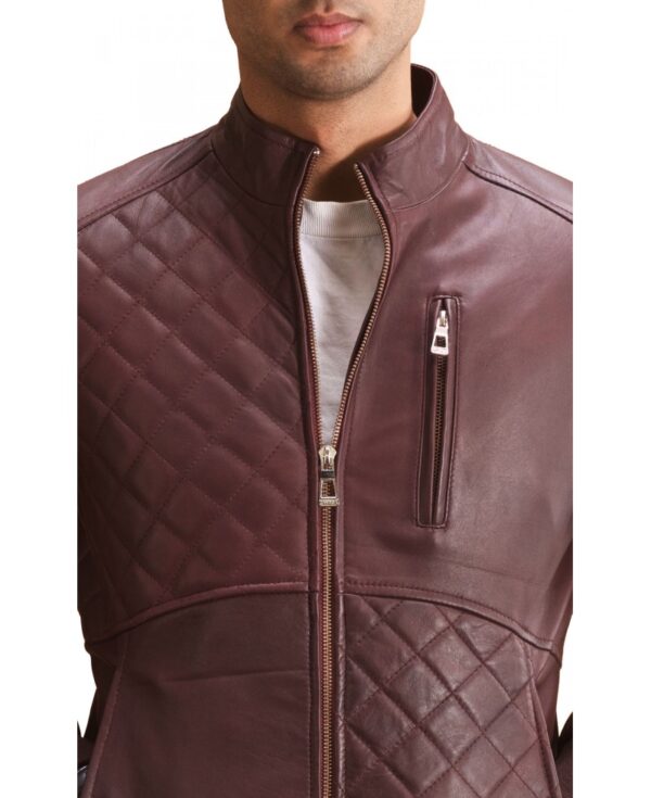 Maroon Quilt Paneled Leather Bomber Jacket - Image 5