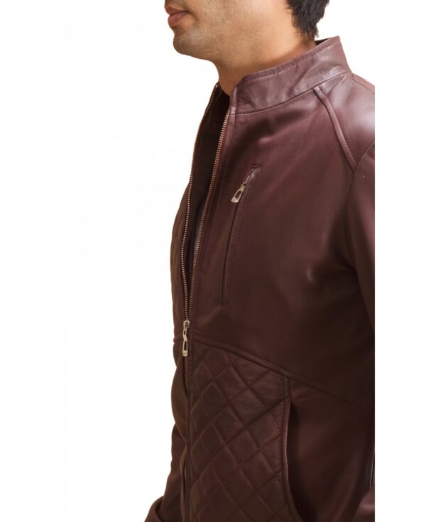 Maroon Quilt Paneled Leather Bomber Jacket - Image 6