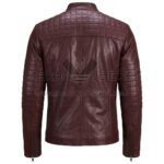 Back View of Maroon Quilted Cafe Racer Leather Jacket featuring a quilted upper back and sleeves, featuring a stand-up collar and vertical center seam stitching.