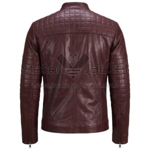 Back View of Maroon Quilted Cafe Racer Leather Jacket featuring a quilted upper back and sleeves, featuring a stand-up collar and vertical center seam stitching.