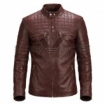 Front View of Maroon Quilted Cafe Racer Leather Jacket featuring a quilted chest and sleeves, a snap-button stand collar, a central gold zipper, and four zippered pockets.