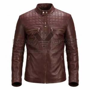 Front View of Maroon Quilted Cafe Racer Leather Jacket featuring a quilted chest and sleeves, a snap-button stand collar, a central gold zipper, and four zippered pockets.