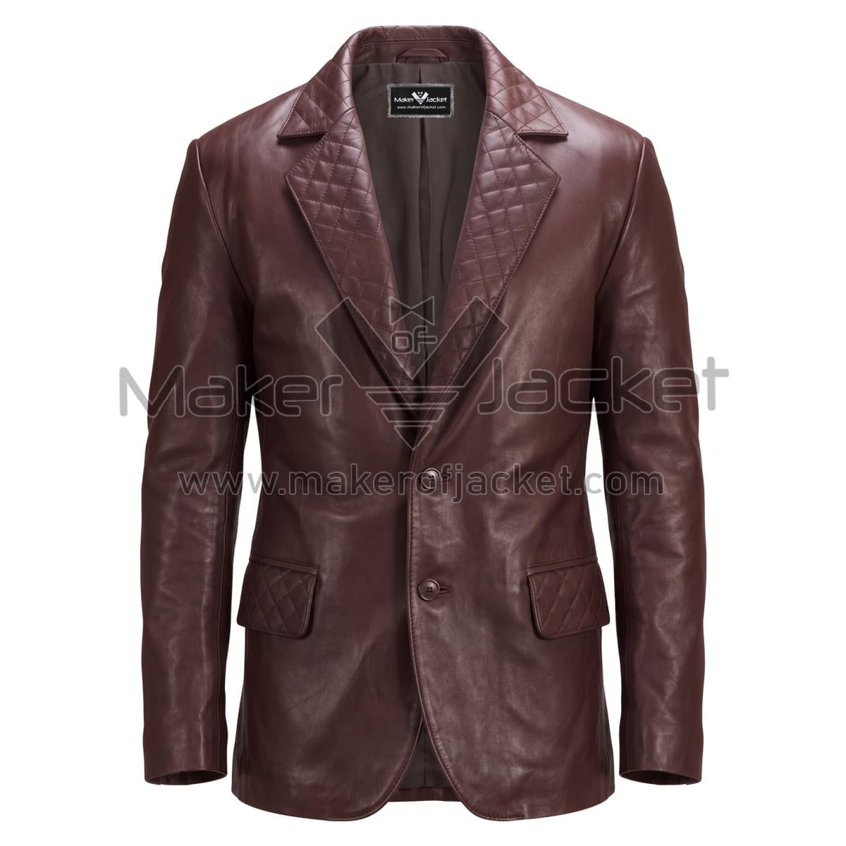 Maroon Quilted Leather Blazer Front Front view of Maroon Quilted Leather Blazer featuring a two-button front, notch lapels with diamond quilting, and quilted pocket flaps.