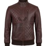 back view of Maroon Quilted Paneled Bomber Leather Jacket featuring a diamond-quilted upper back, a band collar, and dark brown ribbed knit cuffs and hem.