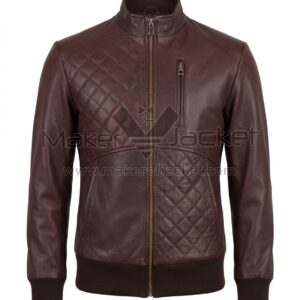 back view of Maroon Quilted Paneled Bomber Leather Jacket featuring a diamond-quilted upper back, a band collar, and dark brown ribbed knit cuffs and hem.