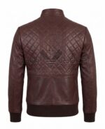 front view of Maroon Quilted Paneled Bomber Leather Jacket featuring Maroon Quilted Paneled Bomber Leather Jacket with Maker Of Jacket brand label.