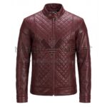 front view of Maroon Quilted Paneled Cafe Racer Leather Jacket featuring a band collar, snap closure, full-front zipper, side zip pockets, and diamond quilting across the front with Maker Of Jacket brand label.