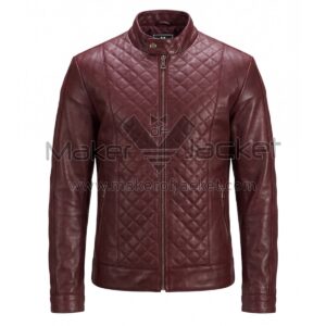 front view of Maroon Quilted Paneled Cafe Racer Leather Jacket featuring a band collar, snap closure, full-front zipper, side zip pockets, and diamond quilting across the front with Maker Of Jacket brand label.