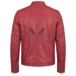 Back view of Red Standing Collar Biker Leather Jacket featuring a stand-up collar, a horizontal shoulder yoke, vertical seams, and long zippers on the cuffs.